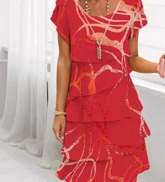 Red striped tiered shift dress with cap sleeves, crew neckline, layered skirt