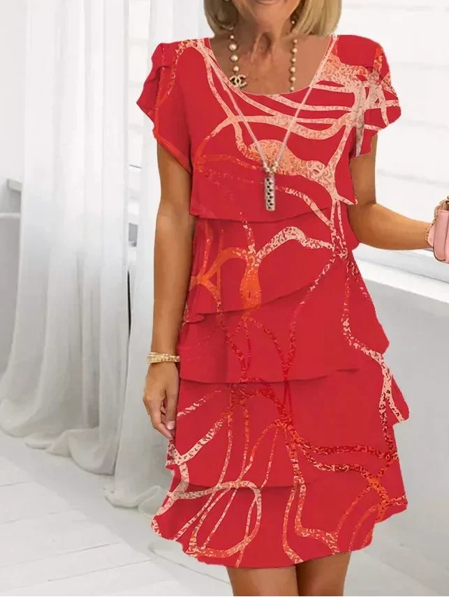 Red striped tiered shift dress with cap sleeves, crew neckline, layered skirt