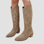 Tan suede cowboy western boots, stitched star pattern, pull-on with elastic gore