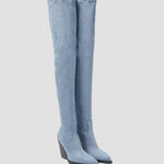 Knee-high heeled boots in light blue fabric with smooth finish and block heel