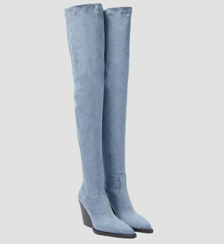 Knee-high heeled boots in light blue fabric with smooth finish and block heel