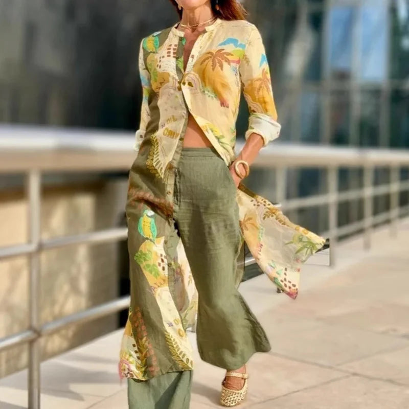 Women's linen and satin set, walking view: printed shirt with olive wide pants