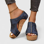 Navy platform orthopedic wedge sandals with studded straps and cork-style footbed