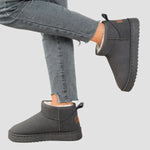 Grey comfort ankle boots with plush lining, pull tab, stitched seam, thick sole