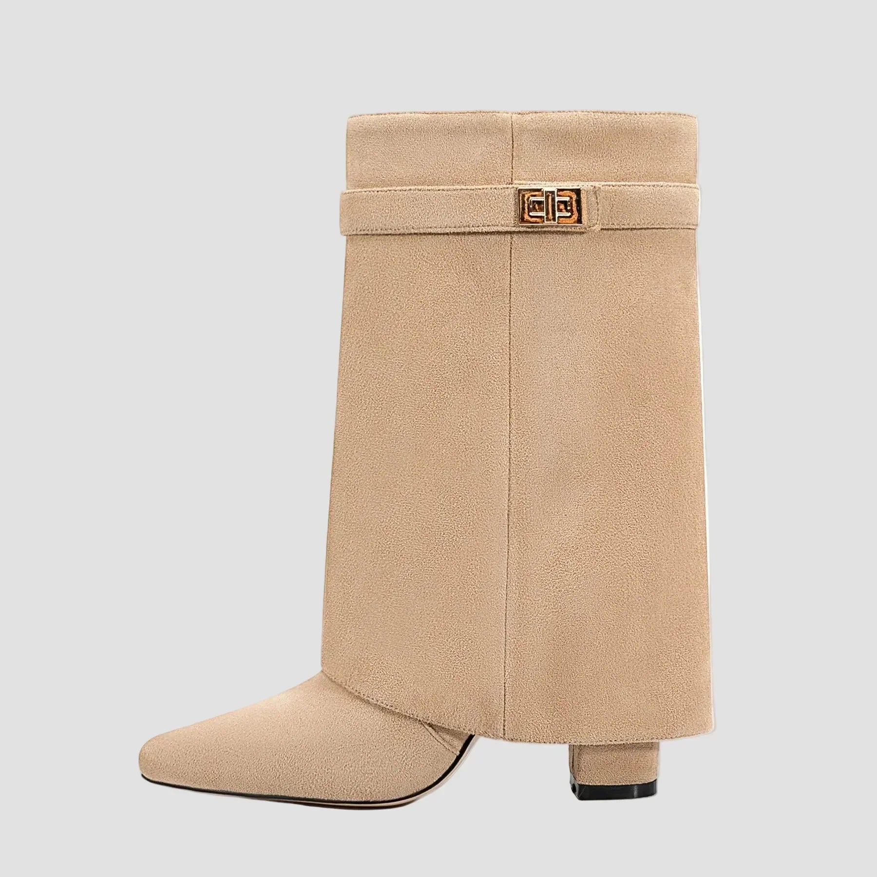 Beige tall boots with wide cuff, block heel, and front buckle strap