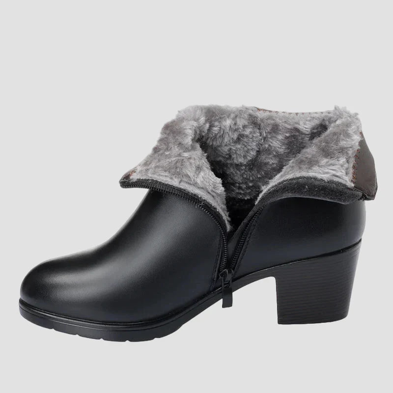 Black ankle boots with faux fur collar, side zipper, and block heel