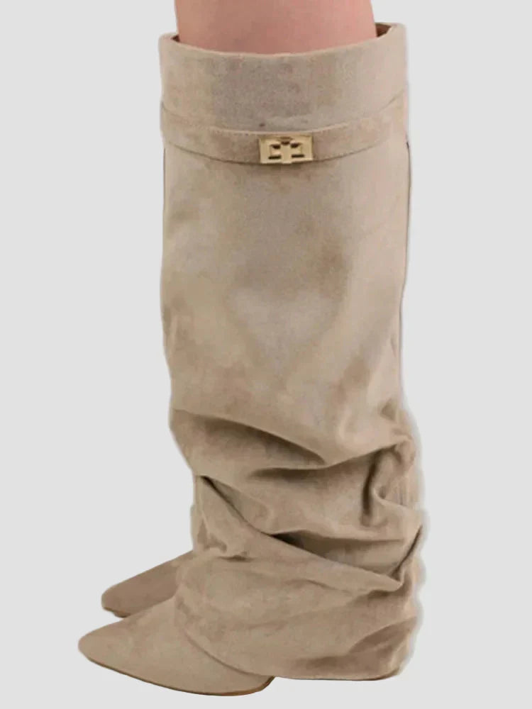 Light beige tall boots with buckle strap and slouchy folded shaft