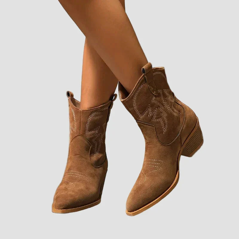 Brown western embroidered ankle boots with pull tabs and low stacked heel