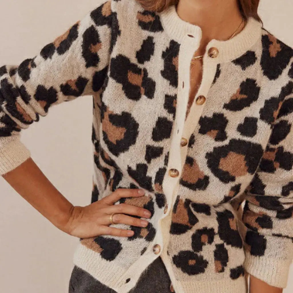 Leopard print knit cardigan sweater with button placket and long sleeves