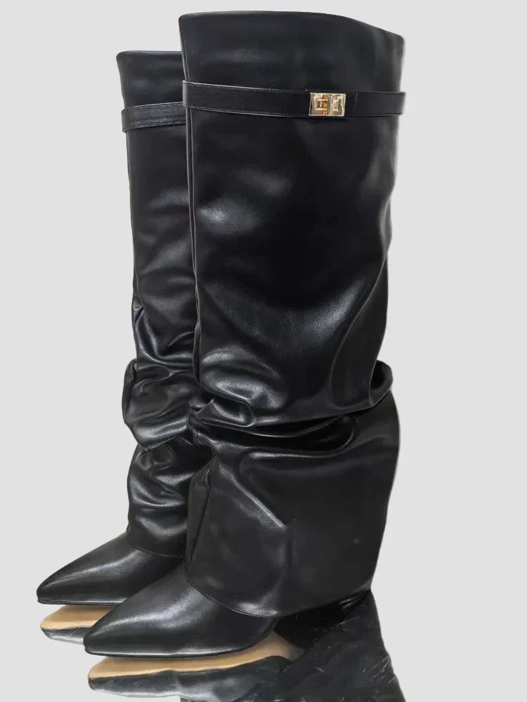Black tall leather-look boots with pleated shaft and block heel
