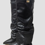 Black tall leather-look boots with pleated shaft and block heel