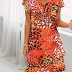 Orange-red speckle mini dress, cap sleeves, layered ruffle skirt, scoop neck