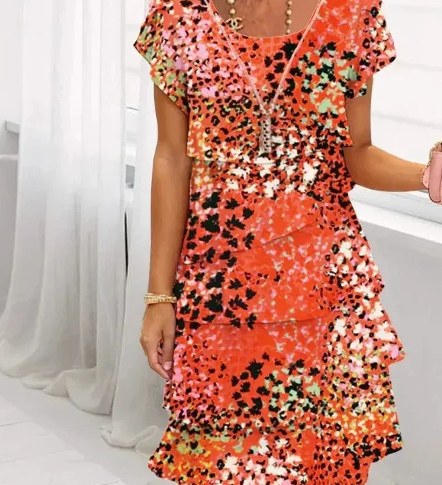 Orange-red speckle mini dress, cap sleeves, layered ruffle skirt, scoop neck