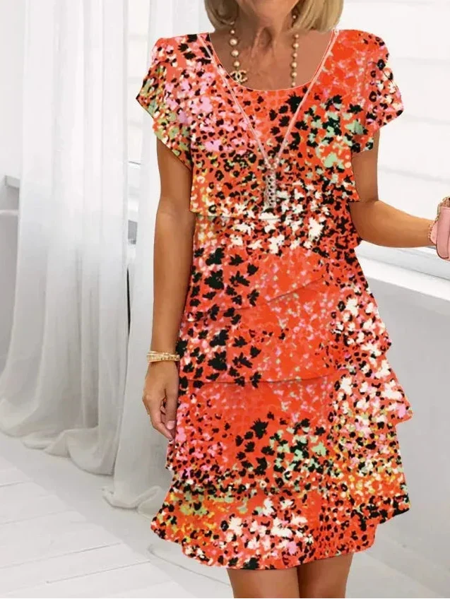 Orange-red speckle mini dress, cap sleeves, layered ruffle skirt, scoop neck