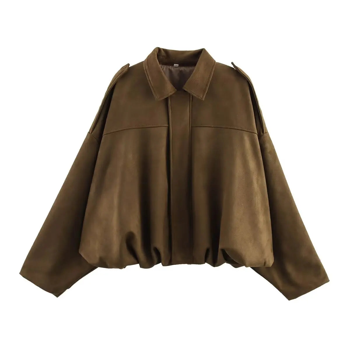Brown short jacket with pointed collar, center zip, gathered hem and long sleeves