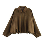 Brown short jacket with pointed collar, center zip, gathered hem and long sleeves