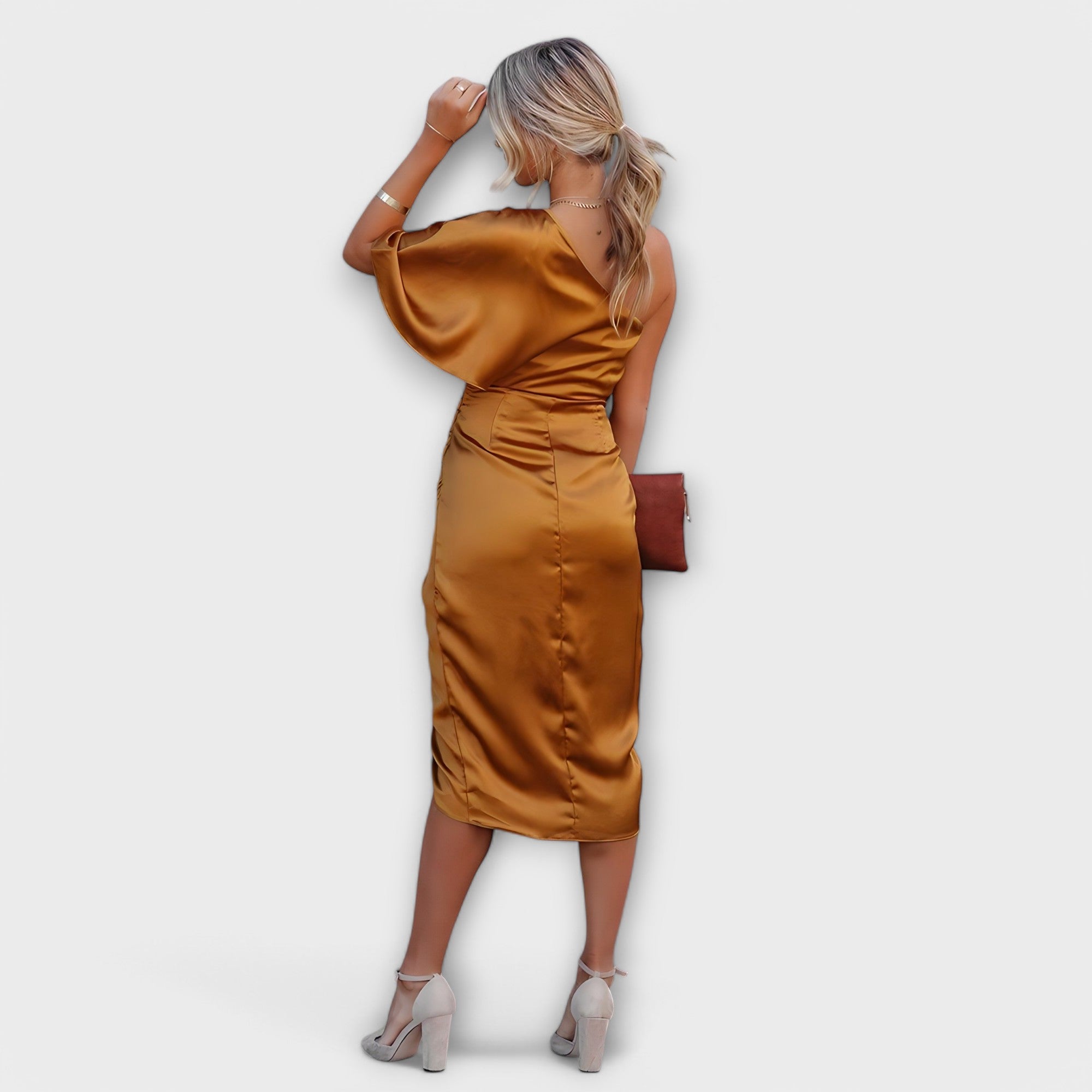Gold satin sleeveless evening dress, fitted knee-length with ruched waist