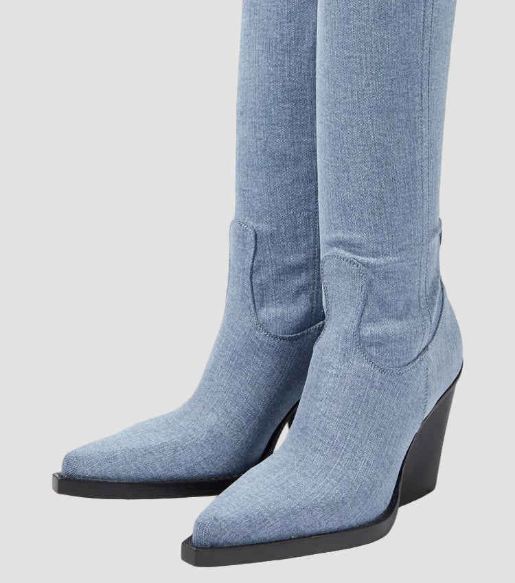 Light blue knee-high heeled boots with rounded square toe and block heel