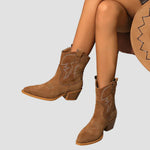 Tan brown western embroidered ankle boots with pull tabs and low stacked heel