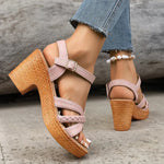 Kleoniki mauve/pink platform heeled sandals with braided front strap and buckle