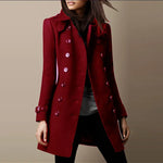 Red women's long winter coat with double-breasted buttons, notch lapels, belted cuffs