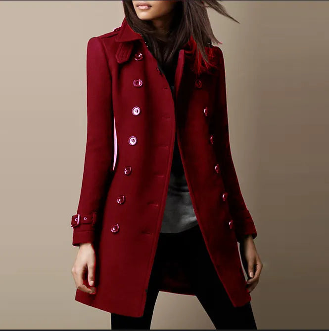 Red women's long winter coat with double-breasted buttons, notch lapels, belted cuffs
