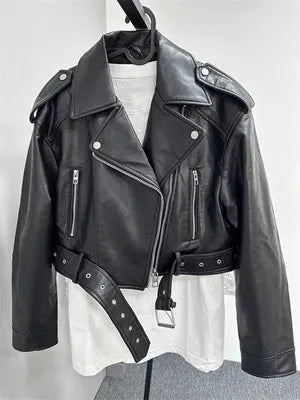 Élodie™ trendy black cropped biker jacket with lapels, zips and belt