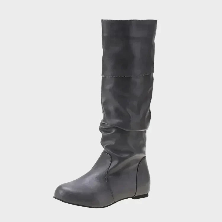Vasia tall casual boots, dark gray, ruched shaft and low stacked heel