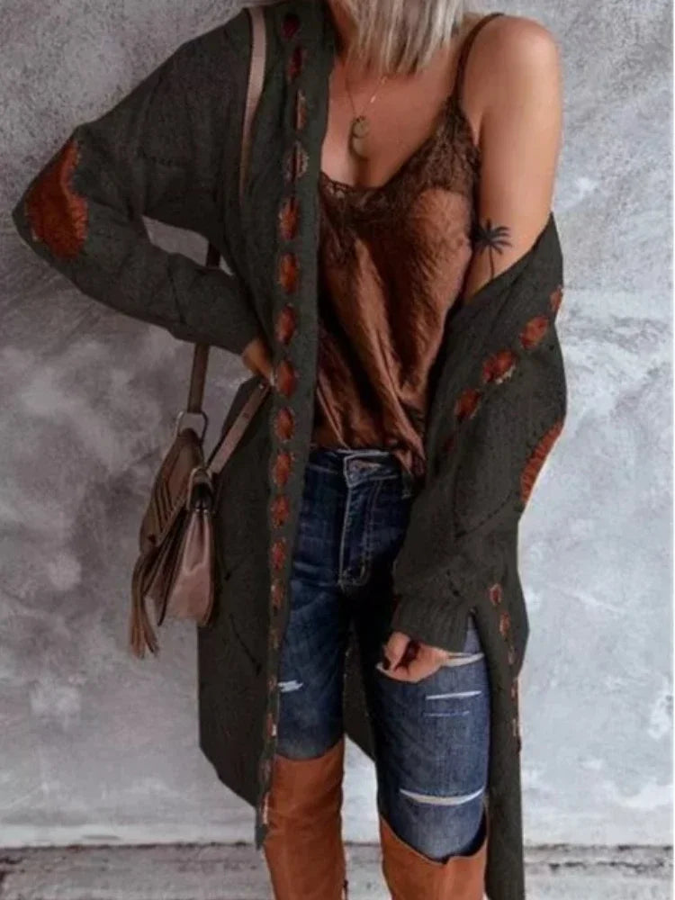 Relaxed knit cardigan with hood, open front, long sleeves, dark gray knit with brown inserts
