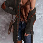 Relaxed knit cardigan with hood, open front, long sleeves, dark gray knit with brown inserts