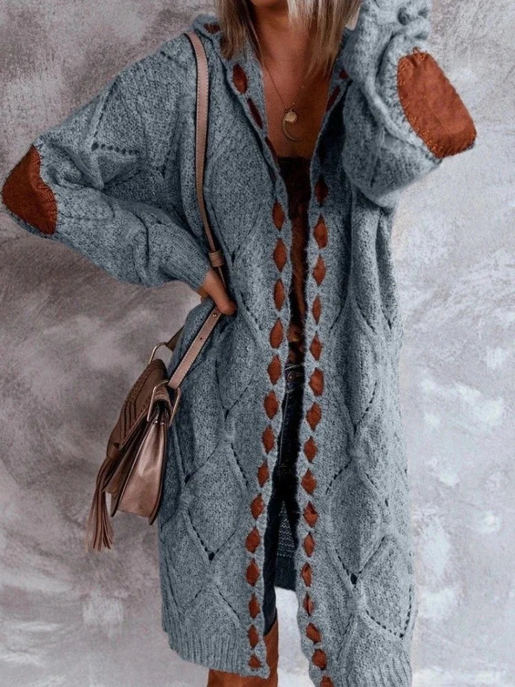 Relaxed knit cardigan, open front, long sleeves, heather-gray with brown diamond knit trim