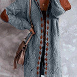 Relaxed knit cardigan, open front, long sleeves, heather-gray with brown diamond knit trim