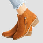 Orange orthopedic leather winter ankle boots with side zipper and block heel