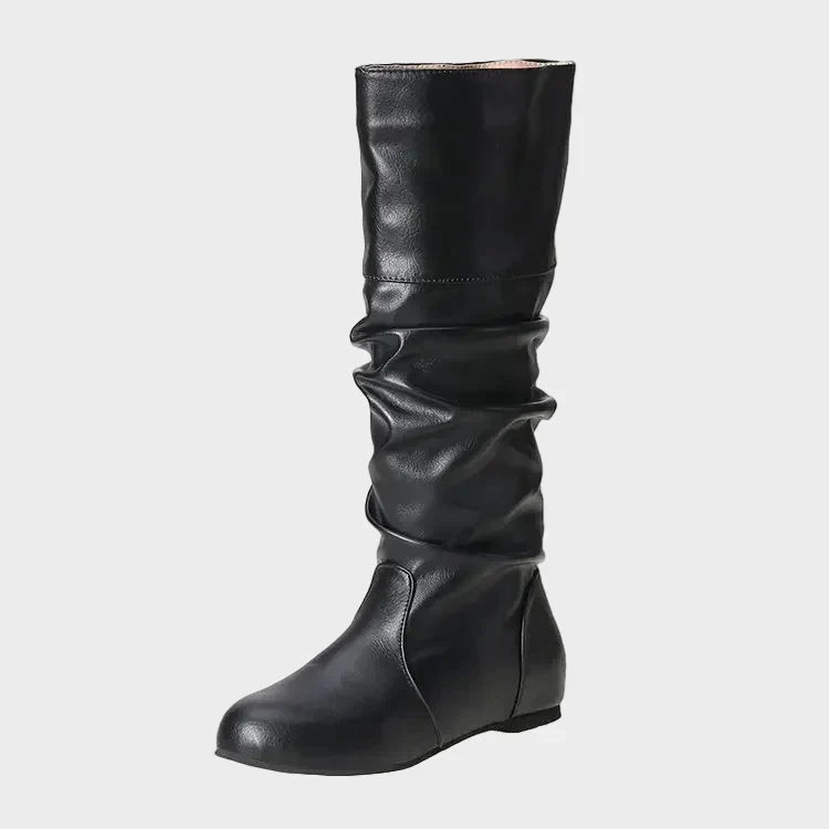 Vasia tall casual boots, black, ruched fold detail, pull-on and low heel