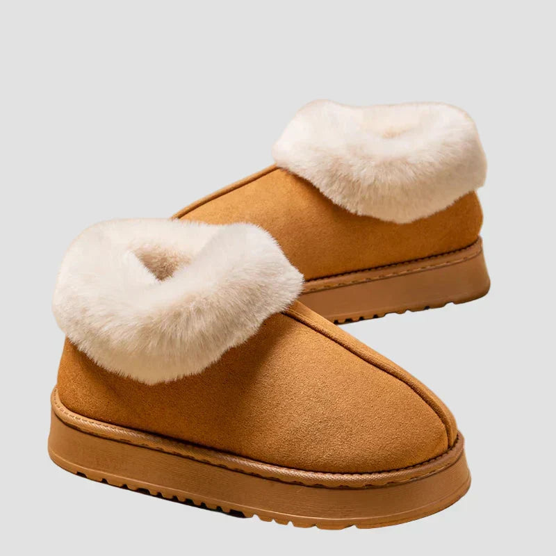 Georgia home slippers in brown suede with cream faux-fur cuff and slip-on design