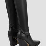 Knee-high heeled boots in black leather-look with chunky block heel and side panel