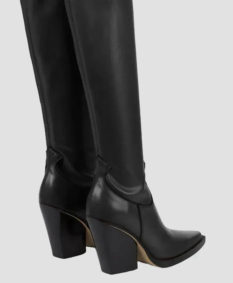 Knee-high heeled boots in black leather-look with chunky block heel and side panel
