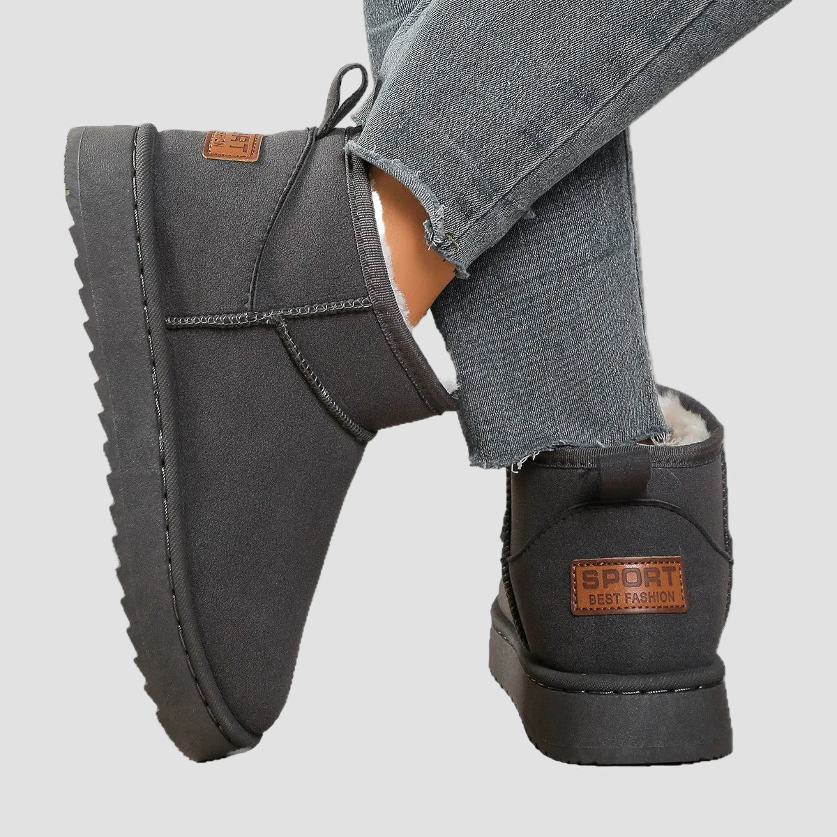 Grey classic comfort ankle boots with round toe, pull tab, thick sole, side stitching