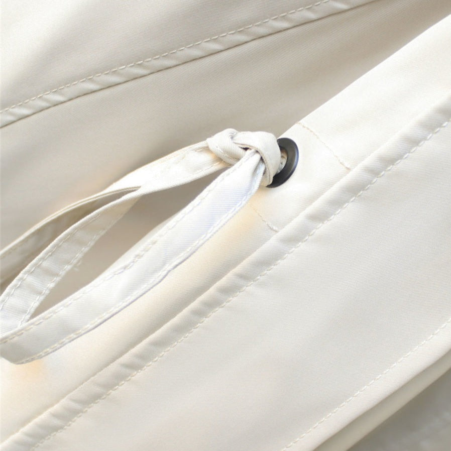 Modern jacket, off-white with drawstring hood and black button grommet