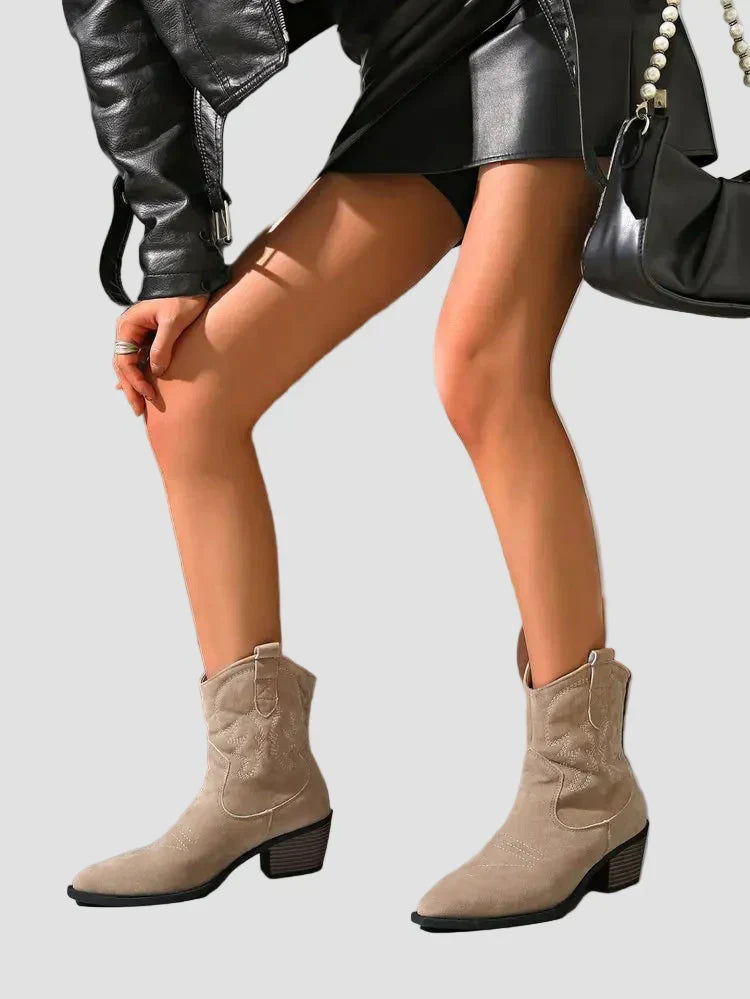 Beige western embroidered ankle boots with pull tabs and low stacked heel
