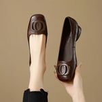 Brown soft leather ballet flats with circular buckle detail and low sole