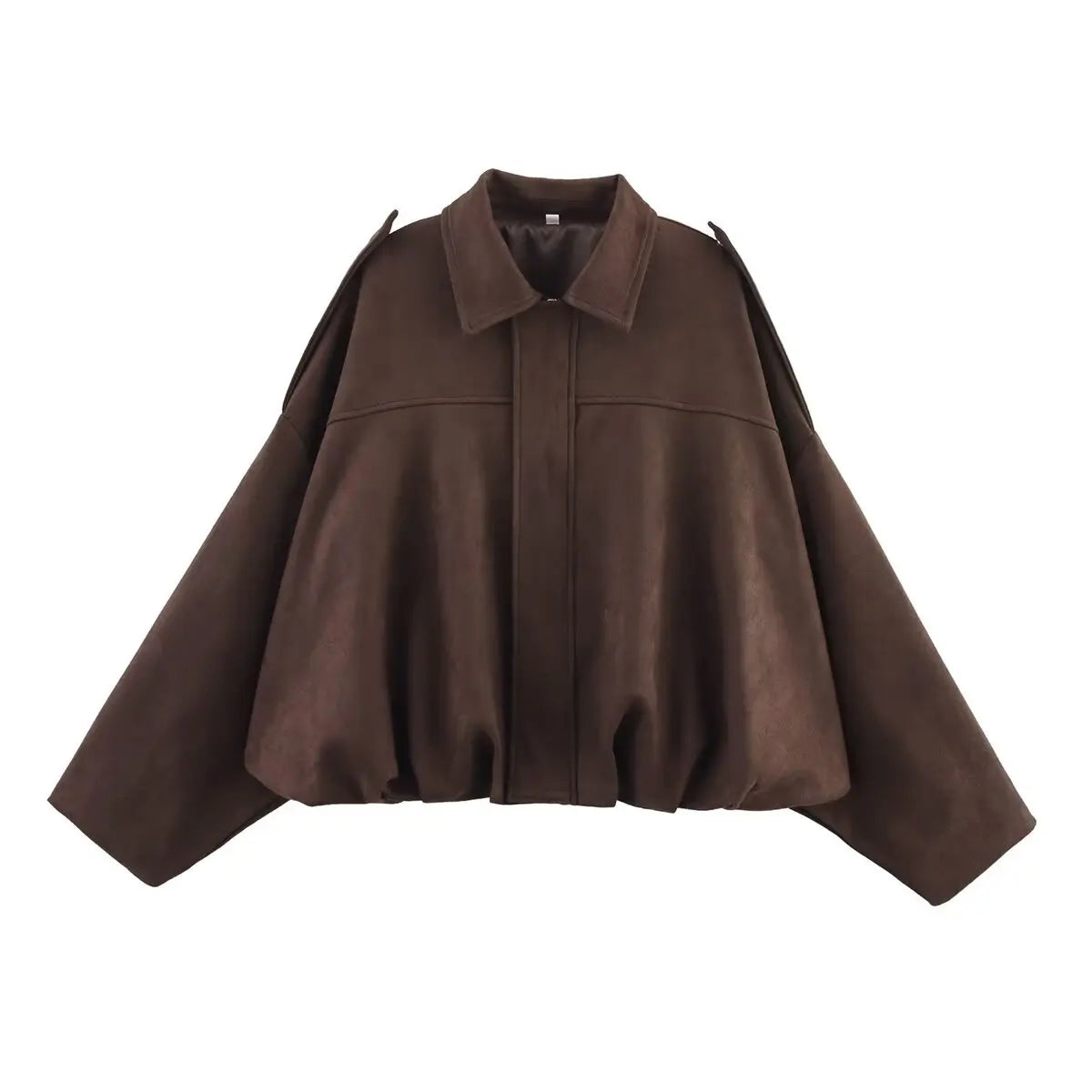 Dark brown short jacket with pointed collar, center zip, gathered hem and long sleeves