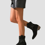 Black western embroidered ankle boots with pull tabs and low stacked heel