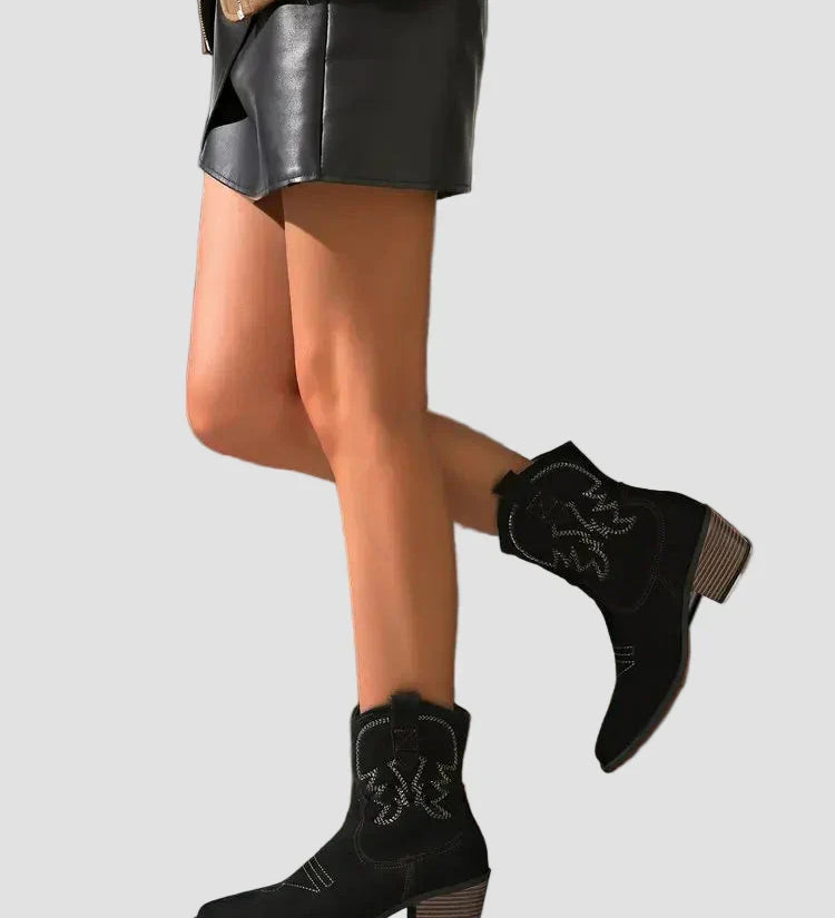Black western embroidered ankle boots with pull tabs and low stacked heel