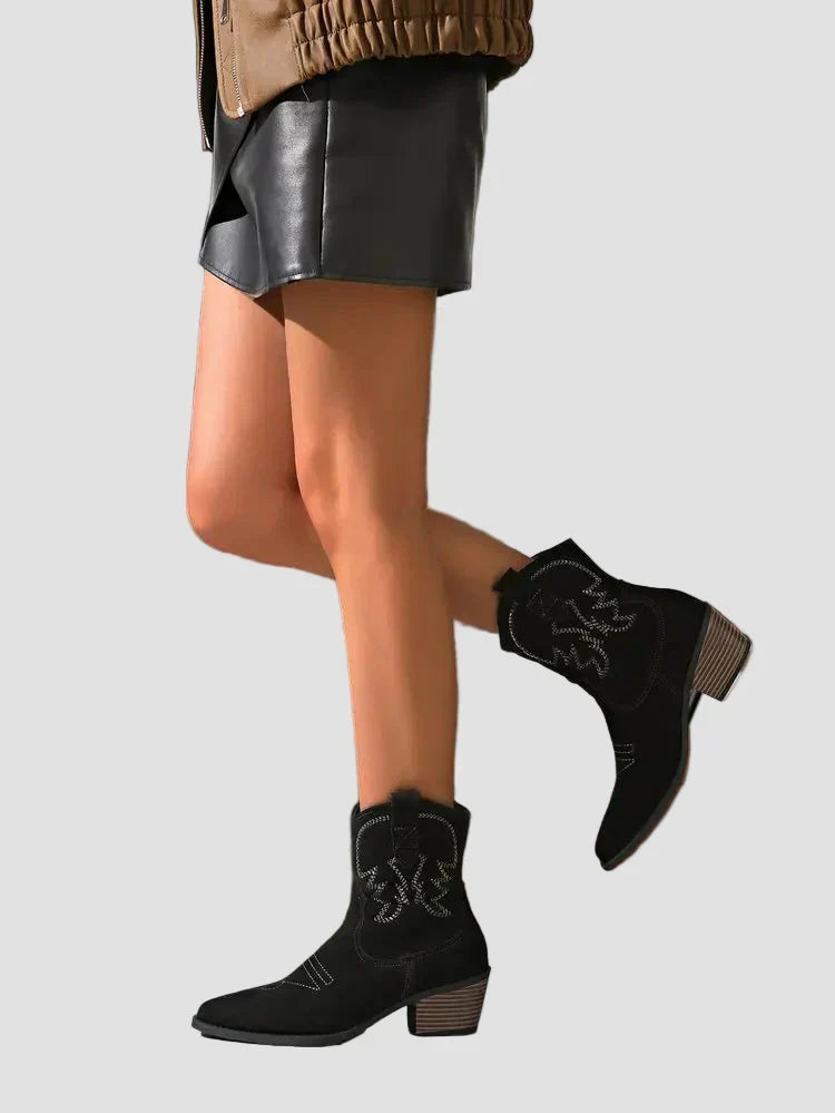 Black western embroidered ankle boots with pull tabs and low stacked heel