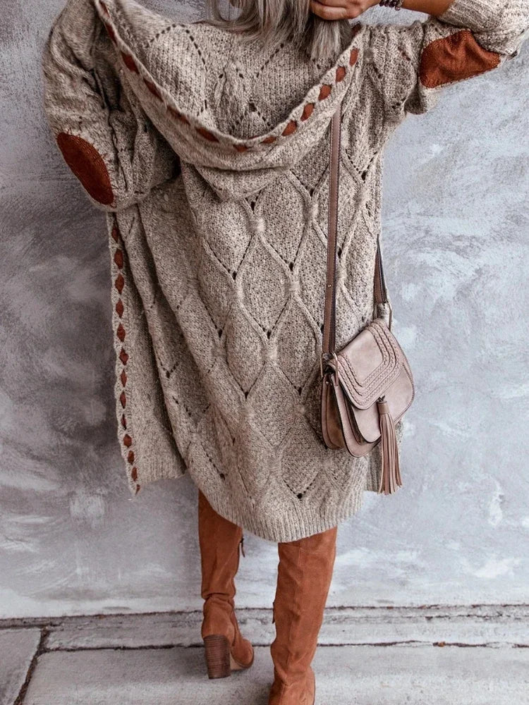 Relaxed knit cardigan with hood, cable knit texture, long sleeves, beige with brown accents