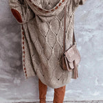 Relaxed knit cardigan with hood, cable knit texture, long sleeves, beige with brown accents