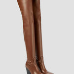 Brown over-the-knee heeled boots with leather-look finish and block heel