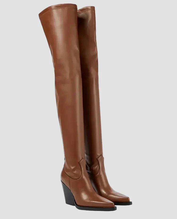 Brown over-the-knee heeled boots with leather-look finish and block heel