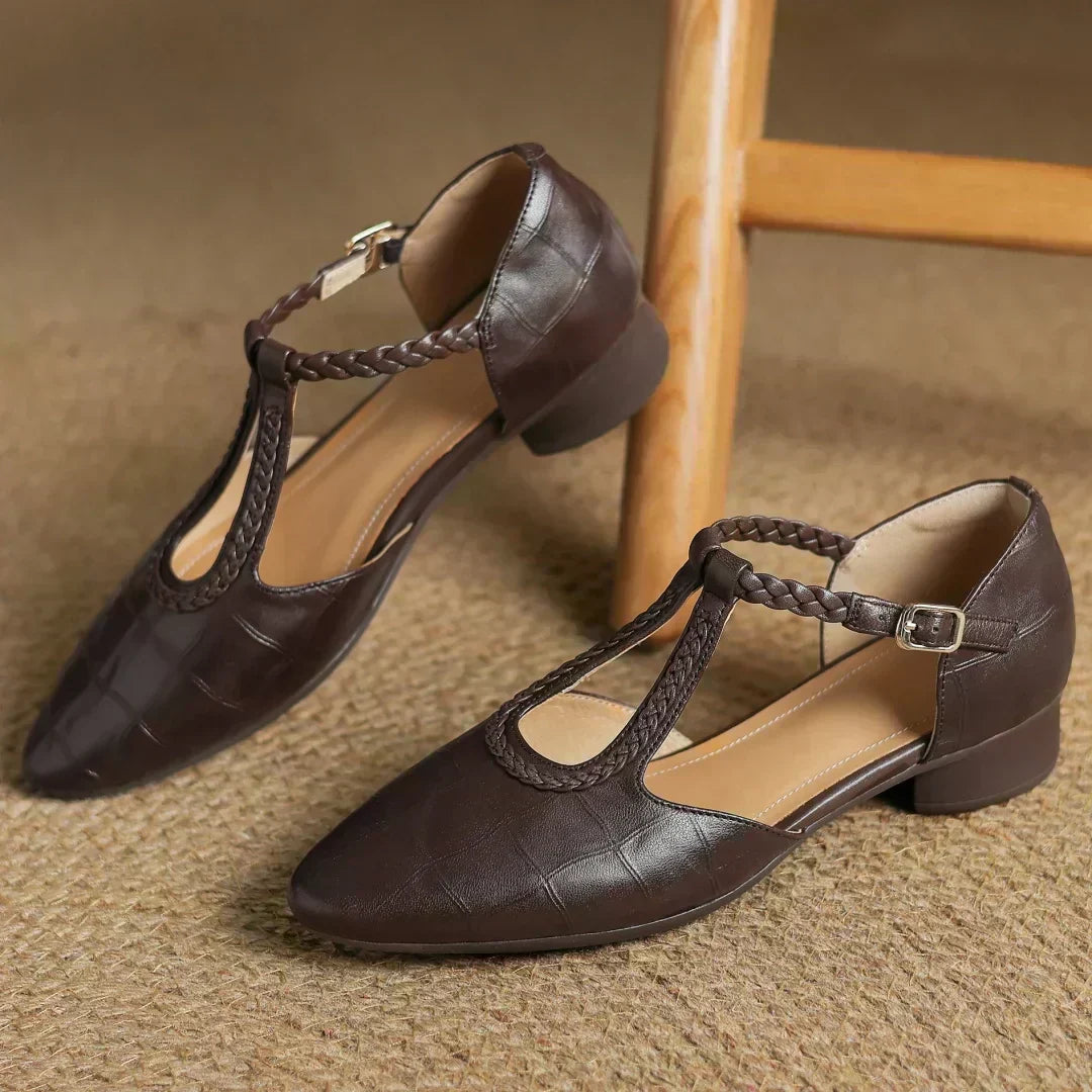 Brown leather pointed-toe flats with T-strap, buckle, and braided trim